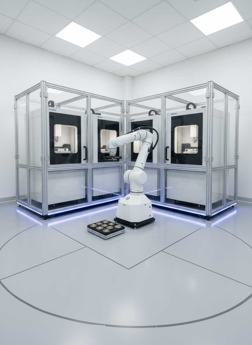 A futuristic, fully automated CNC micro-manufacturing cell for small precision parts, featuring compact white CNC machines arranged in a U-shape around a central, floor-mounted SCARA-type robot. Transparent safety enclosures with slim aluminum frames surround the cell, allowing an unobstructed view of the compact layout. LED strips integrated into the machine bases emit a subtle blue accent light, complementing the neutral-white overhead illumination and reflecting gently off polished metal components in small trays. The epoxy floor is spotless and light gray, with discrete markings indicating robot reach. Shot from a slightly elevated wide-angle perspective, the composition highlights the dense, efficient use of space and harmony of machines and robotics. The atmosphere is high-tech, quiet, and precise, rendered in crisp, realistic industrial photography suitable for a visionary automation showcase.