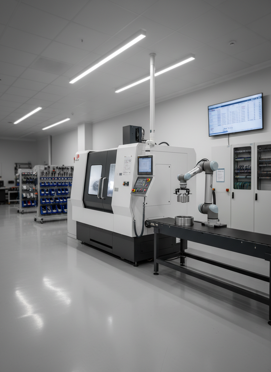 A high-precision CNC machining cell in a spotless, modern industrial hall, showing a sleek white Swiss-type CNC lathe with brushed aluminum accents and a closed safety enclosure. Next to it stands a compact robotic arm in matte light gray, holding a metallic workpiece above a conveyor. The polished epoxy floor reflects soft highlights from overhead neutral-white LED panels, creating a clean, professional atmosphere. In the softly blurred background, organized tool racks, labeled control cabinets, and a large wall-mounted screen displaying production data reinforce an Industry 4.0 environment. Photographed at eye level with a slight wide-angle lens and sharp focus throughout, the composition emphasizes order, efficiency, and cutting-edge CNC robotics in realistic, corporate-style photographic realism.