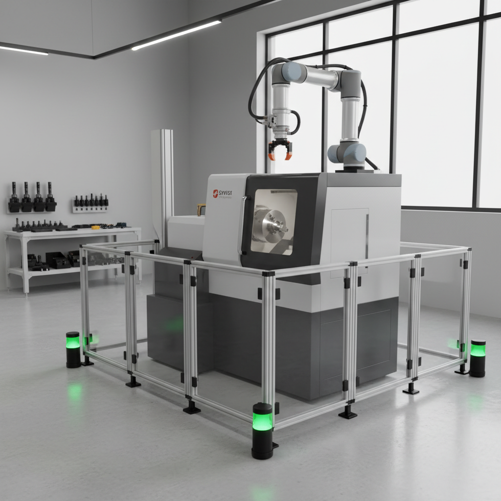 Kompakte, hochwertige Swiss-CNC-Drehmaschine mit Stangenlader in einer hellen Fertigungsumgebung. Saubere Verkleidungen, Statusanzeigen und ein geordnetes Umfeld mit Spannmitteln und Messmitteln unterstreichen prozesssichere Präzision in der Teilefertigung.