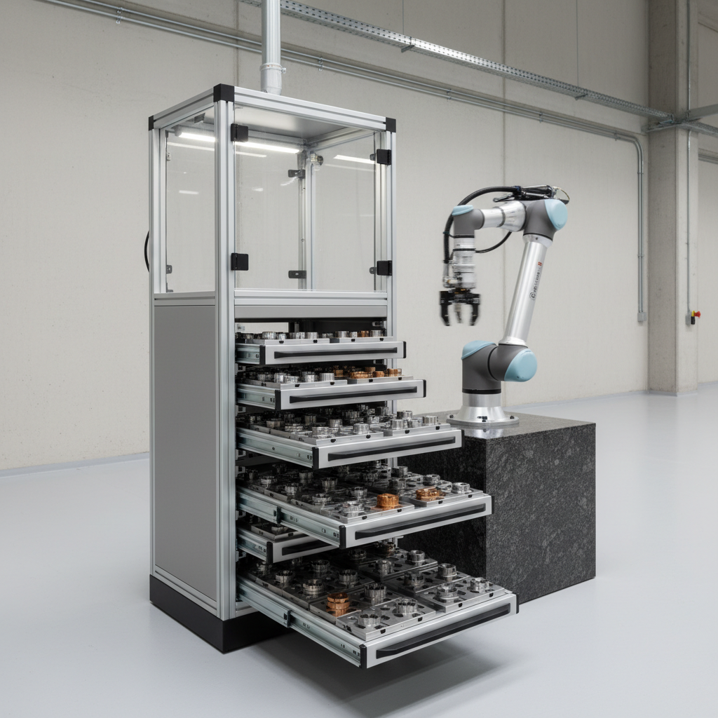 An automated tray system for high-mix CNC production, consisting of a compact vertical storage tower with multiple pull-out trays holding neatly arranged small turned components in different alloys. Each tray features machined aluminum nests that cradle the parts, their surfaces ranging from matte blasted titanium to mirror-like polished steel, all catching the neutral-white LED overhead light differently. Adjacent to the tower, a slim robotic arm waits in a home position, partially blurred, with its base mounted on a low granite pedestal. The industrial hall’s background is minimalist, with smooth light-gray walls and discrete cable conduits. Photographed from a mid-height, three-quarter angle with moderate depth of field, the image balances clarity and context, conveying flexibility, organization, and premium handling solutions in clean photographic realism.