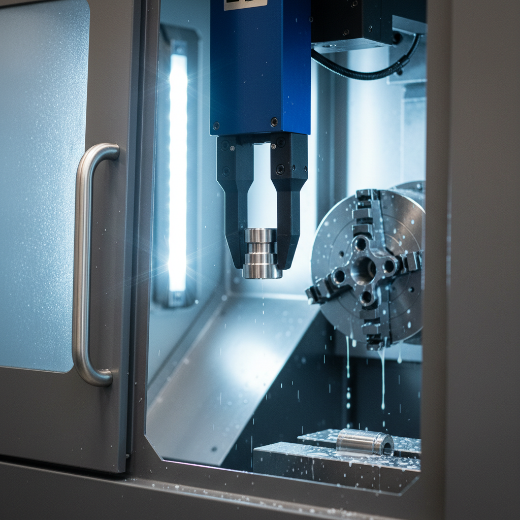 A detailed close-up of an automation gripper exchanging finished and raw parts at the open door of a CNC machining center. The dual-jaw gripper, milled from anodized aluminum with black steel fingers, securely holds a small, intricately turned stainless-steel part whose surfaces shimmer under focused, cool-white machine interior lighting. The CNC chuck and precision soft jaws are visible just beyond, with fine metal chips and coolant sheen adding authenticity. The machine’s interior panels are clean, brushed stainless steel, reflecting subtle highlights. The background fades into a soft blur of the machine enclosure in neutral gray. Shot with a macro-style lens and very shallow depth of field, the composition draws attention to precision, repeatability, and tooling quality in hyper-realistic industrial photography.