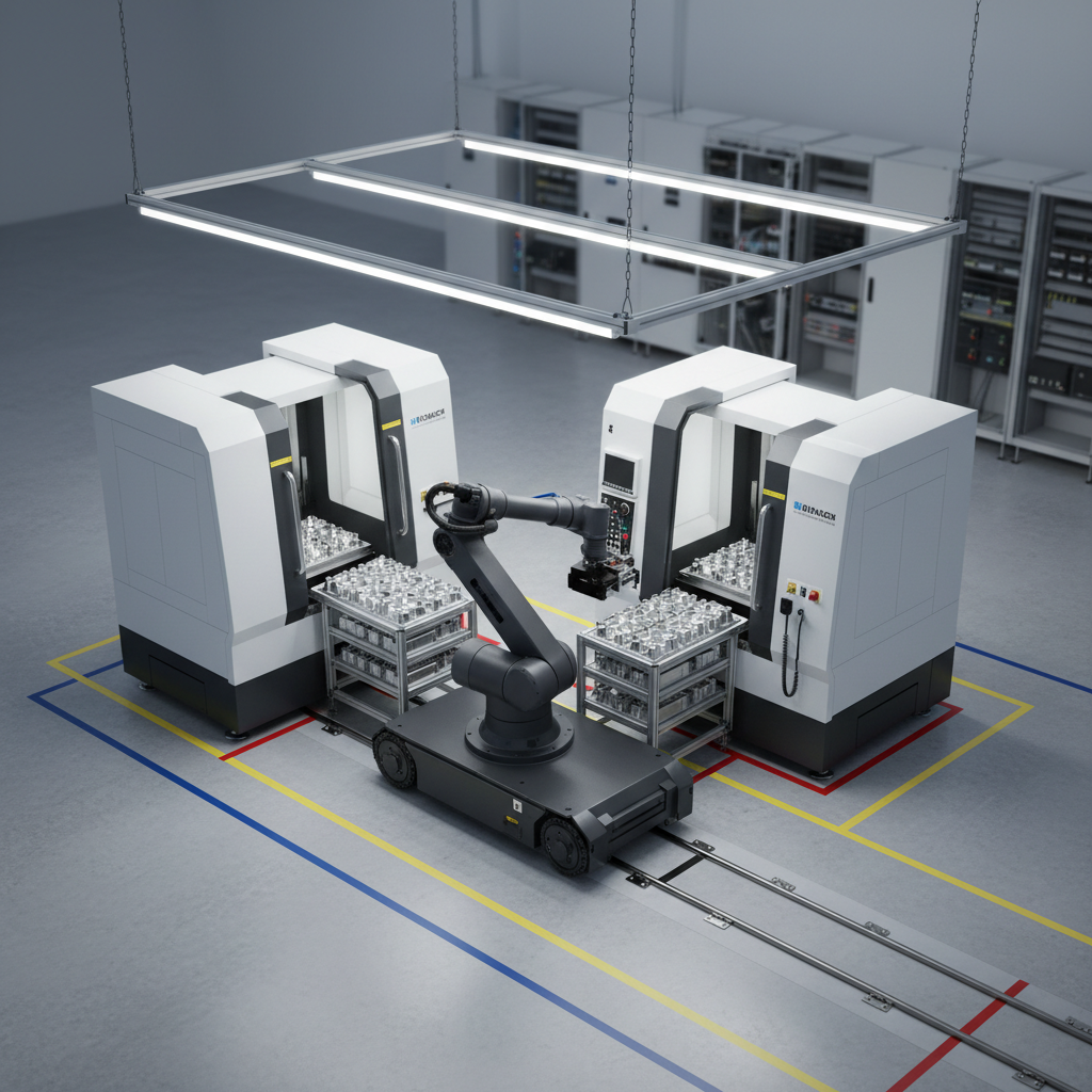 A modular automation cell designed for tending multiple CNC machines, consisting of a central, rail-guided robot shuttle in matte dark gray moving between two white CNC machining centers. Each machine features open automatic doors and visible part trays, neatly arranged with machined aluminum housings. Overhead, linear LED luminaires cast clean, evenly distributed light, creating defined yet soft-edged shadows under the robot and fixtures. The epoxy-coated light-gray floor is marked with subtle colored guidance lines, suggesting flexibility and safety. In the distance, blurred control cabinets and network switches hint at advanced connectivity. Captured from a high, three-quarter perspective, the image showcases the layout and scalability of the system with sharp detail across the frame, emphasizing smart, space-efficient industrial automation in a crisp photographic style.