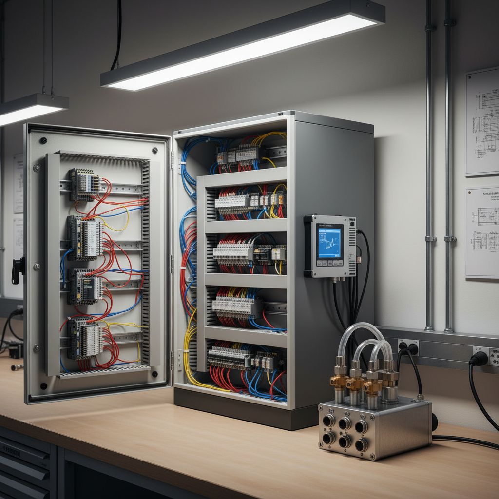 A pristine robotics integration workstation, showing an open electrical control cabinet with meticulously routed wires, DIN-rail components, and labeled terminals beside a compact CNC interface module. The cabinet’s white interior and matte-gray exterior contrast with the colorful but neatly bundled cables. On the adjacent, uncluttered workbench lies a partially assembled pneumatic manifold and a ruggedized I/O module, all in precise alignment. Overhead, bright neutral LED panels illuminate every detail without glare, creating soft, short shadows along cable runs. The background is a softly blurred industrial wall with mounted schematics and conduit. Captured from a slightly elevated, diagonal perspective with sharp focus, the photograph communicates engineering rigor, reliability, and Swiss-quality automation integration in refined, documentary-style photographic realism.