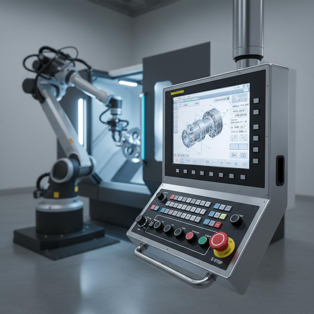 Detailansicht eines CNC-Bedienfelds mit übersichtlichem Touchscreen, der ein 3D-Modell eines gedrehten Präzisionsteils und Live-Spindeldaten zeigt. Tastenfeld, Not-Halt und das gebürstete Edelstahlgehäuse unterstreichen den Fokus auf zuverlässige, wiederholgenaue Zerspanung in einer sauberen Produktionsumgebung.