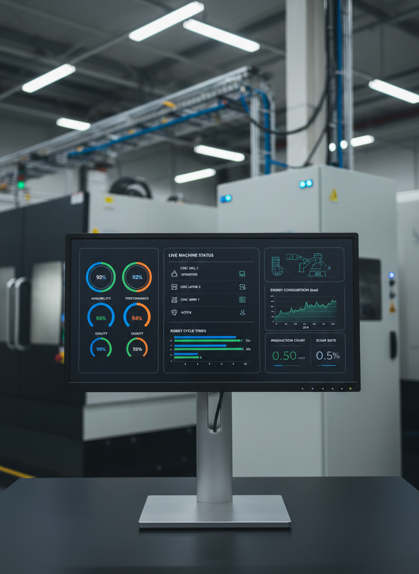 A smart Industry 4.0 CNC automation dashboard displayed on a large, ultra-thin industrial monitor mounted to a minimalist metal stand beside a CNC-robot cell. The screen shows a clean, dark-themed interface with OEE metrics, live machine status, robot cycle times, and energy consumption graphs in vivid but professional colors. The surrounding area includes blurred silhouettes of CNC machines, cable trays, and a tidy automation cabinet with status LEDs softly glowing. Neutral-white overhead LED lighting ensures clear visibility without harsh contrast, creating a focused, analytical mood. Shot from a slightly off-center, eye-level angle with shallow depth of field, the monitor dominates the frame while the background hints at the connected factory. The photographic realism and modern aesthetic underscore digitalization, transparency, and data-driven CNC production.
